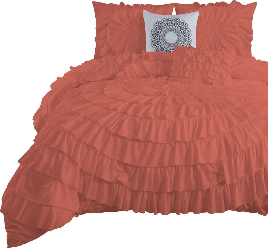 D.N.G. BEDDINGS 100% Egyptian Cotton 5 Piece Circle Ruffle Comforter Set with 1 Freebie Ruffle Pillow | 550 GSM Filled Microfiber - Super King Size, Brick Red Color - 800 Thread Count
