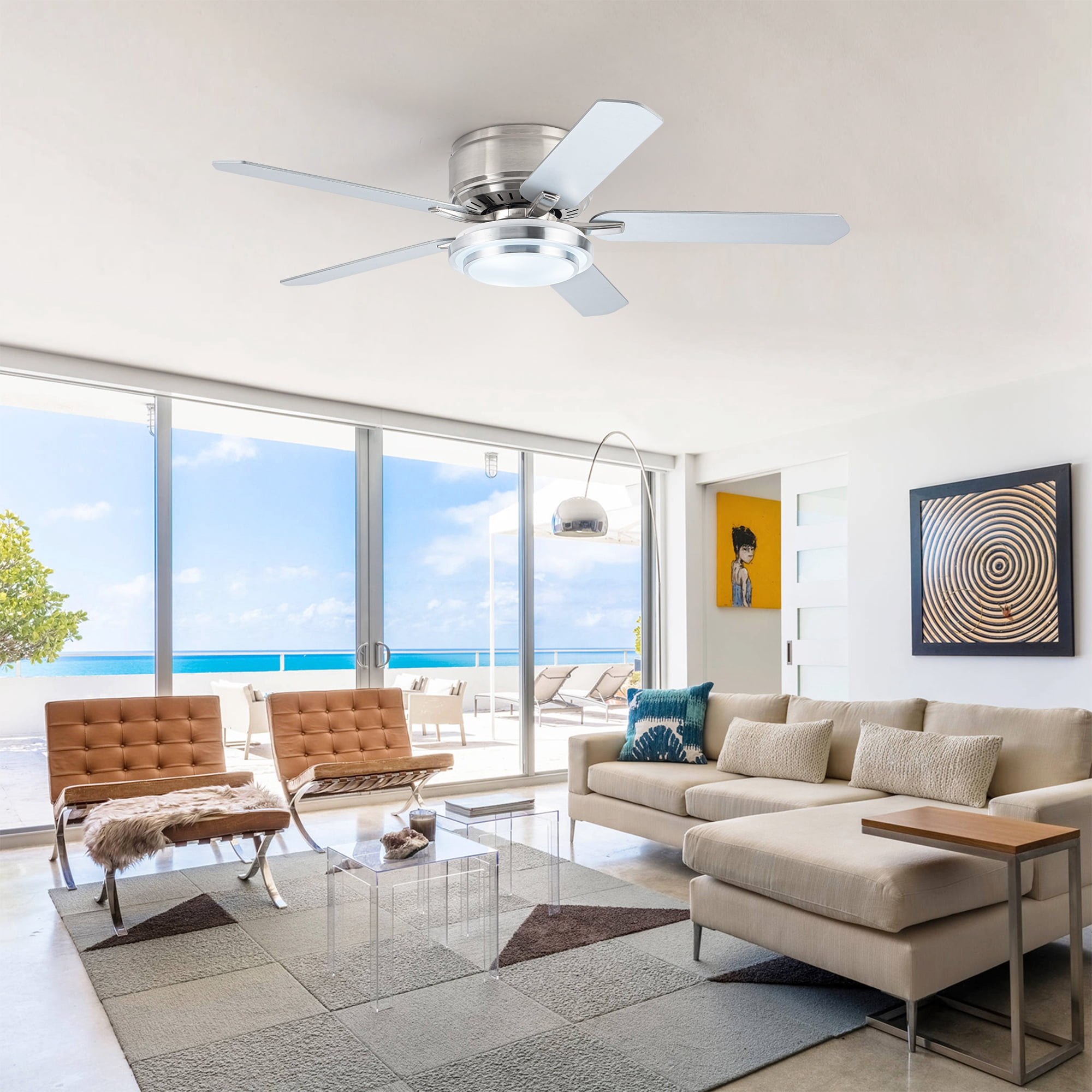 52" Modern Brushed Nickel Flush Mount Smart Ceiling Fan with Dimmable LED Light and Remote