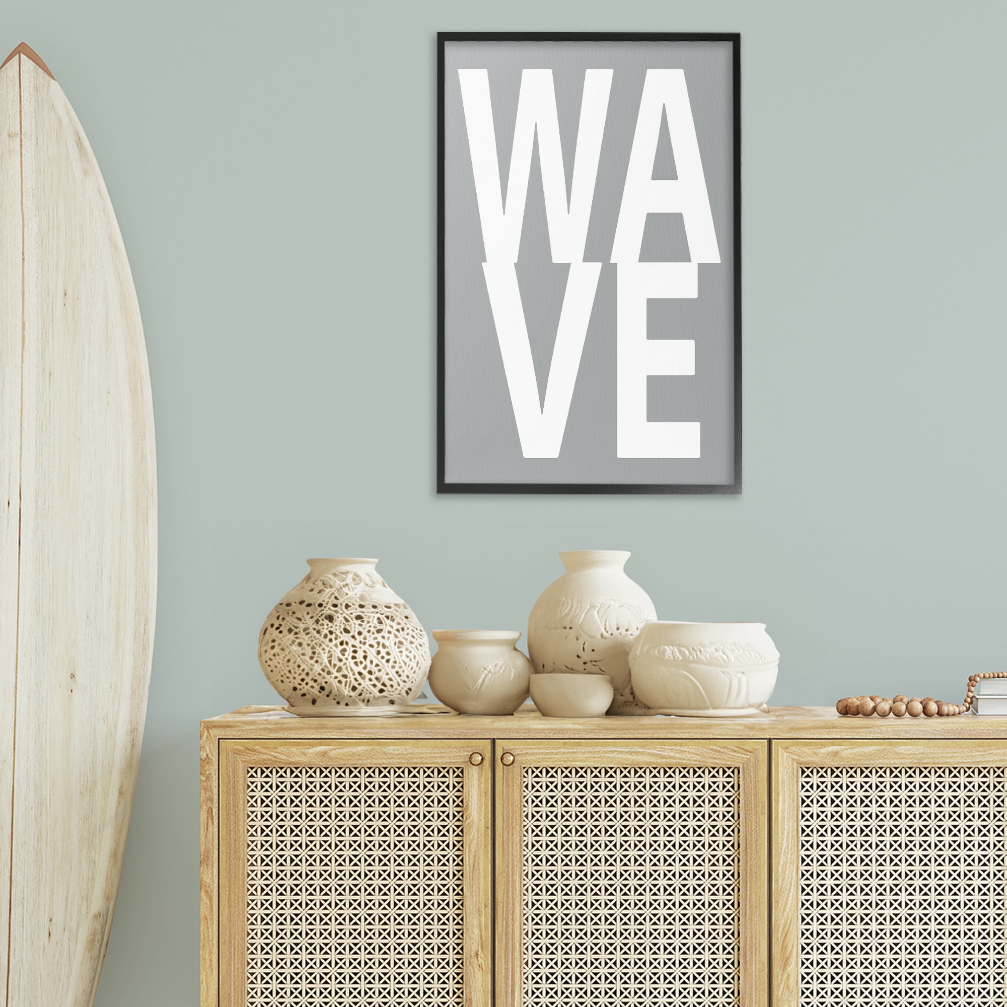 Stupell Industries Wave Word on Grey Typography Painting Black Framed Art Print Wall Art, 20 x 30