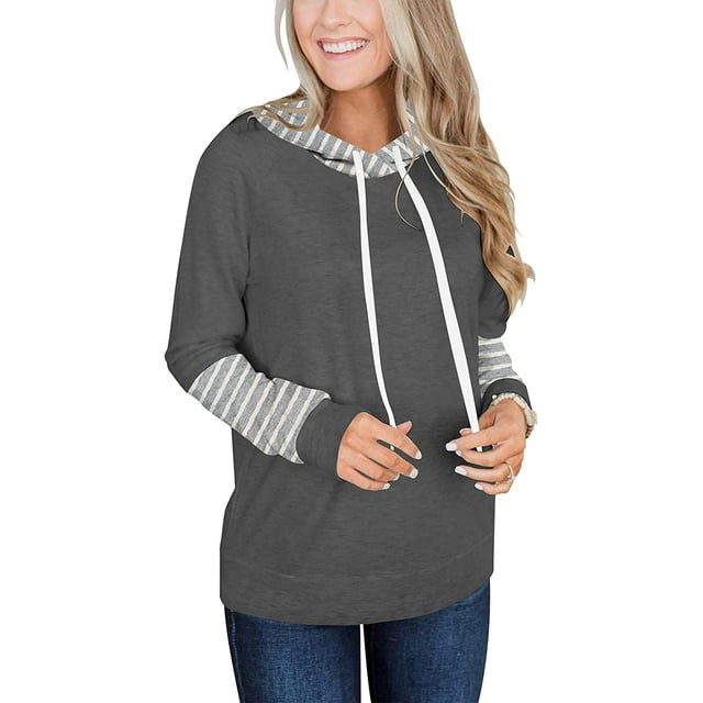 Women's Casual Striped Hoodies Basic Long Sleeve Lightweight Pullover Loose Drawstring Sweatshirt Crew Neck Tops
