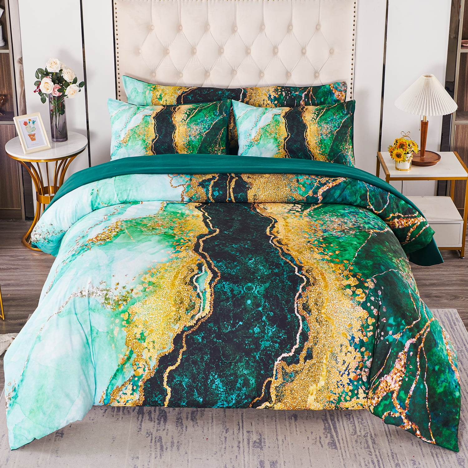 Blue,Queen PERFEMET 6 Pcs Bed-in-A-Bag Blue Watercolor Marble Queen Size Comforter Set with Matched Bed Sheets,Colorful Retro Artwork Style Bed Collections,Soft and Durable Bedding Set 
