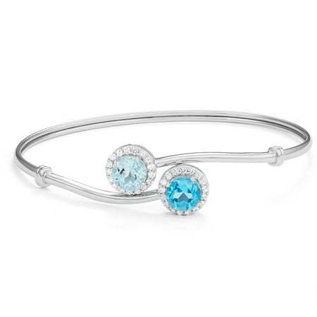 Round Tonal Blue Topaz Framed in Created White Sapphire Sterling Silver Bypass Flex Bangle