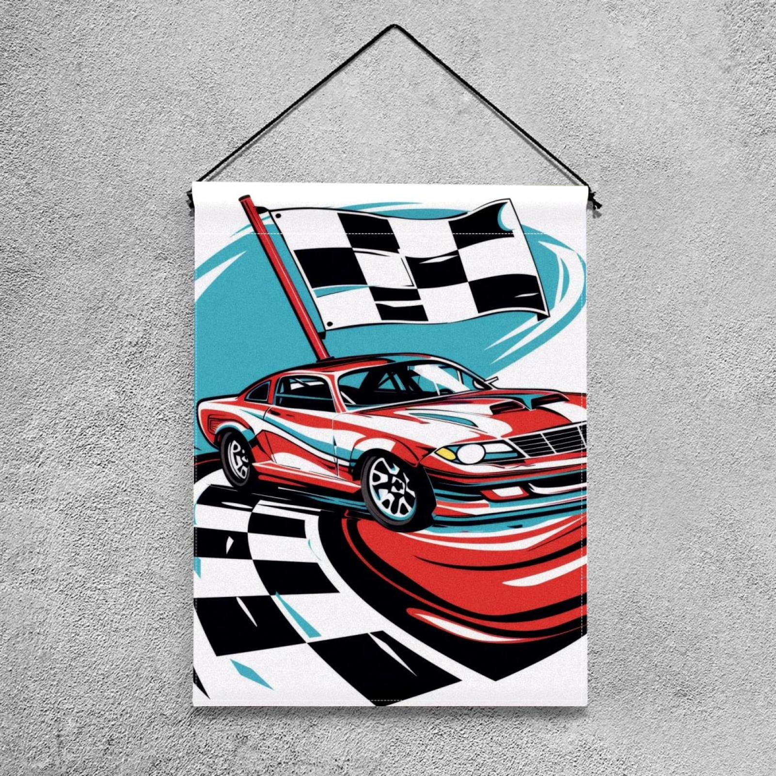 Welcome Speeding Racing Car with Checkered Flag Pattern Garden Flag, Vertical Double Sided Small House Flag, Yard Farmhouse Outdoor Deck Veranda Lawn Decor 28x40 Inch