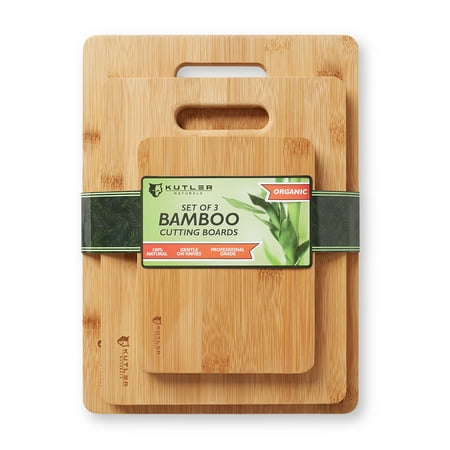 Gold Natural Wood Cheese Board - KUTLER Set of 3 Organic Bamboo Cutting Boards w/ Handles - Kitchen Wood Chopping Blocks for Carving Meats, Vegetables, Breads & Cheese