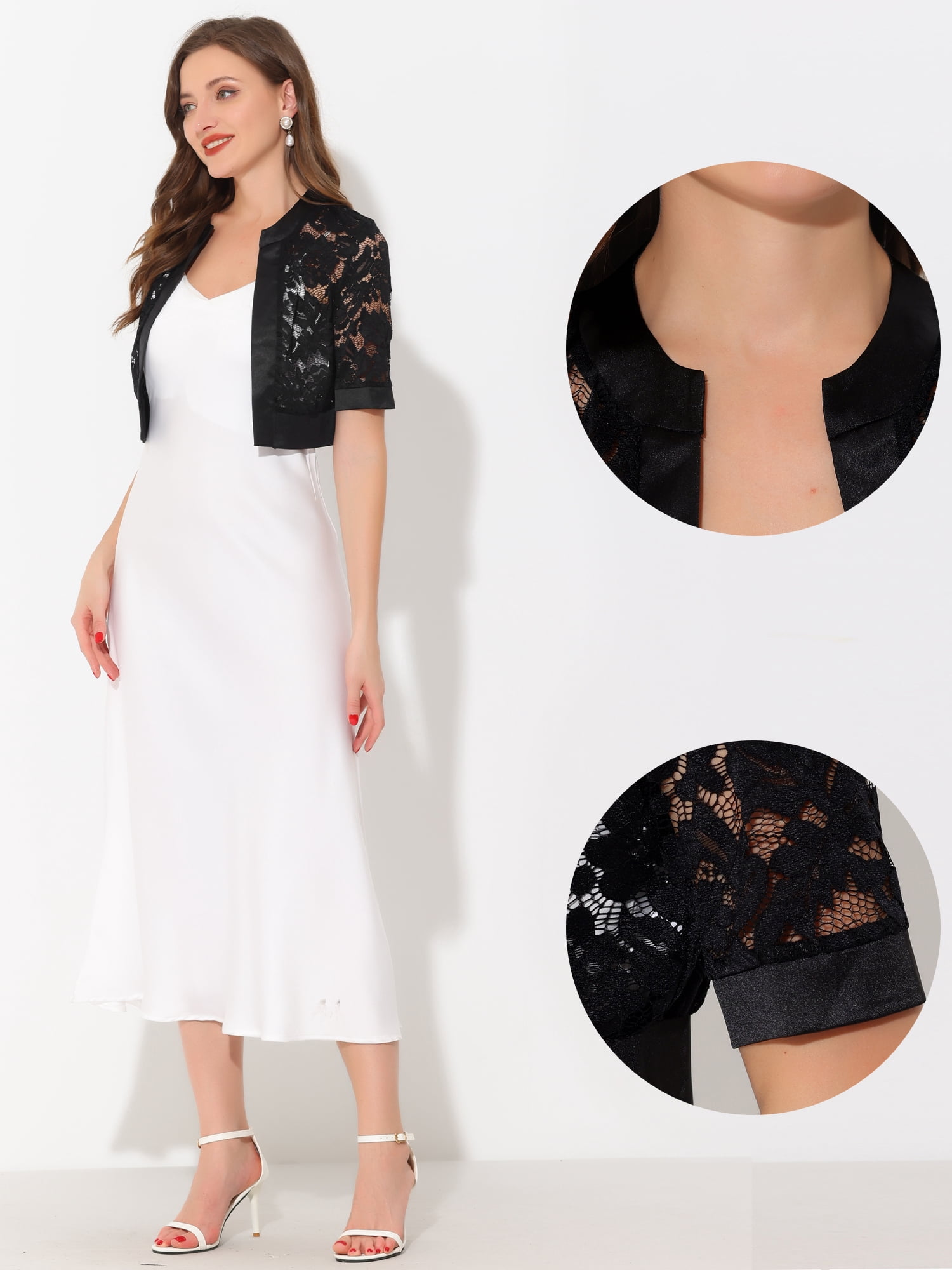 DARING DIVA Women's Lace Shrug Bolero Satin Panel Crop Cardigans L Black