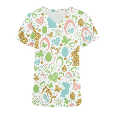 

DTBPRQ Comfort Scrubs Tops Women s Bunny and Eggs V Neck Crossover Scrub Top Workwear Uniform Blouse