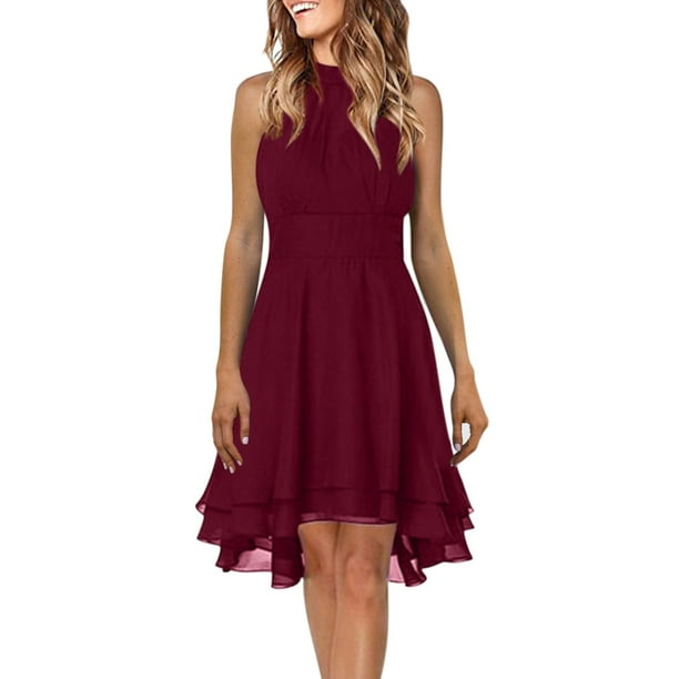Vestido informal de verano para mujer con cuello halter, botones, encaje de gasa y corte en A, poliéster