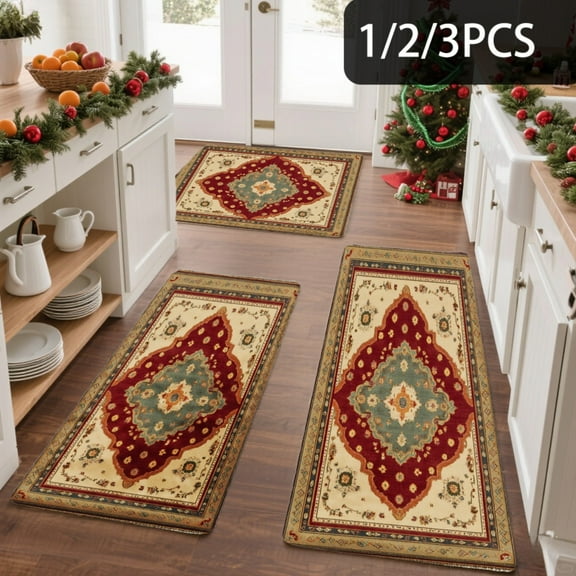 3PCS Kitchen Mat set, Welcome Door Flannel Rug,Home Decor for Front Door,Kitchen, Bathroom, Red And Gold Floral Design ,Great gift for Family and Friends.
