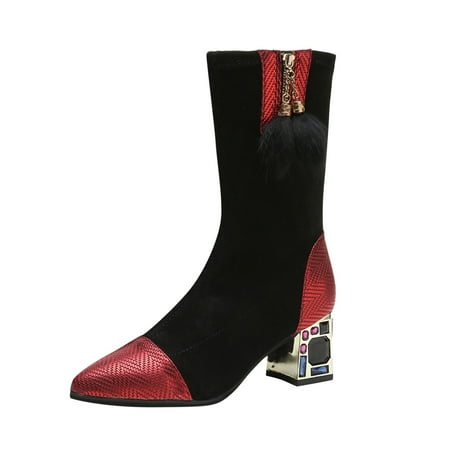 

Dyfzdhu Women s Autumn And Winter New British Fashion Slim Thick Heel Pointed High Heel Elastic Sock Boots