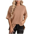 thumbnail image 2 of Frostluinai Oversized Tops for Women Crewneck Ribbit Knit Shirts Short Sleeve Drop Shoulder Blouses Solid Color Slit Hem Tshirts Clearance, 2 of 8