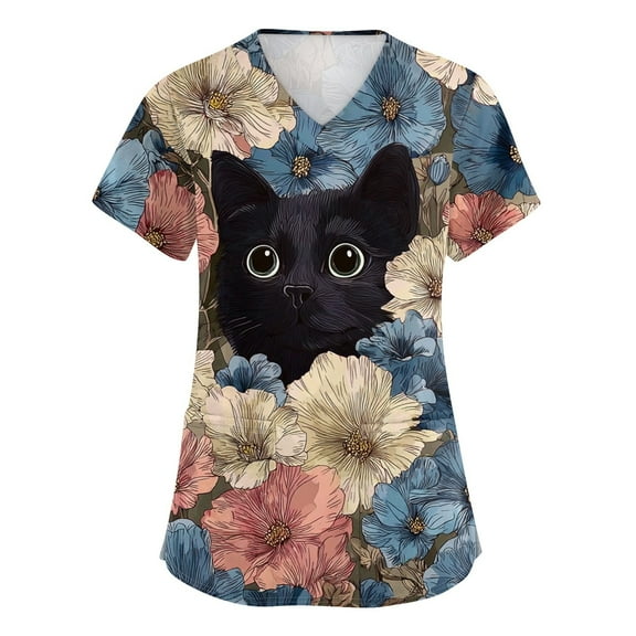 WTOBBY Women's V-Neck Printed Short Sleeve Nursing Scrub Top with Side Slit Pockets, Professional Work Uniform Apparel for Healthcare, Comfortable and Functional for Long Shifts ,Black L