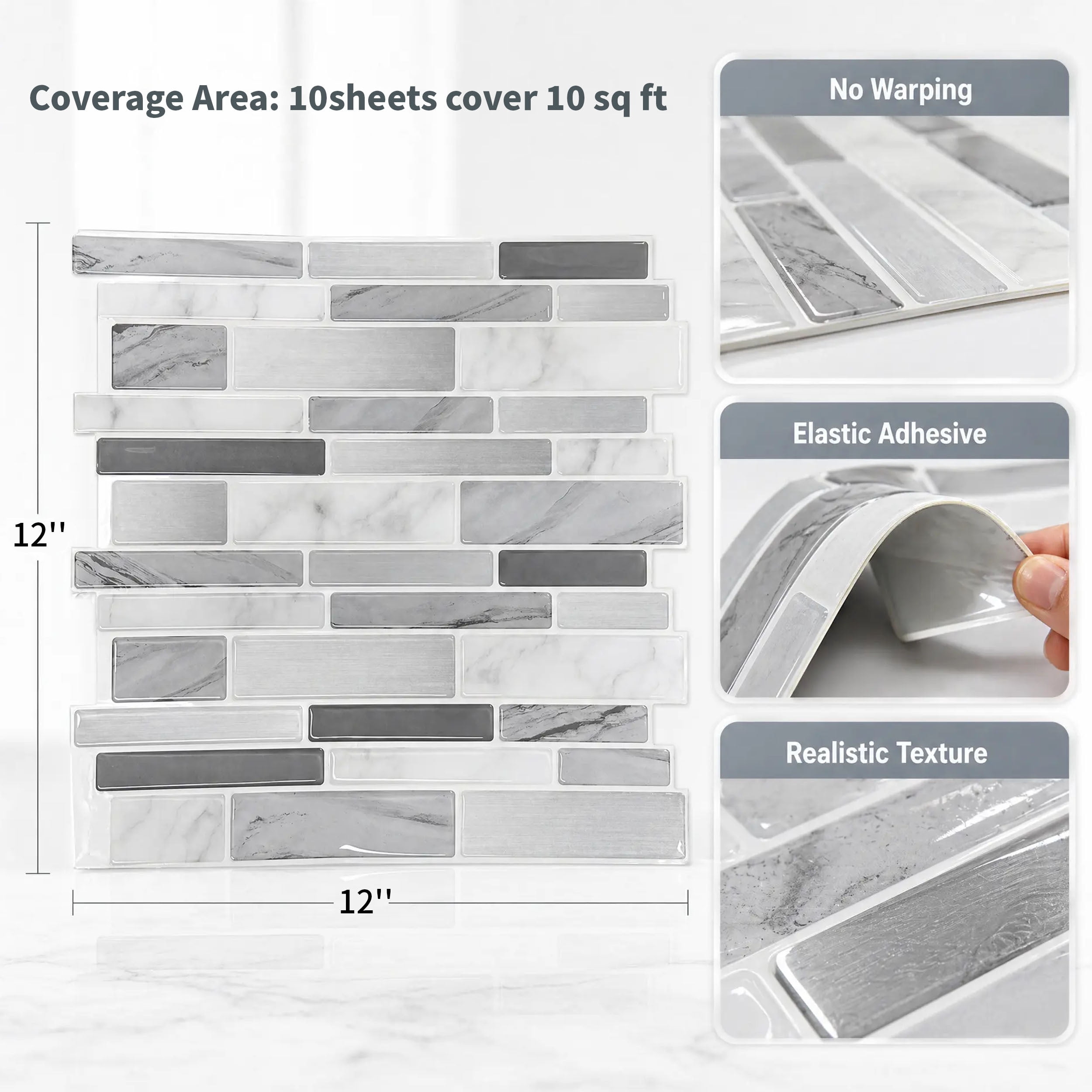 Stick3D 10Pcs 3D Peel and Stick Backsplash 12"x12" Self-Adhesive Wall Tile for Kitchen Bathroom, Marble Gray