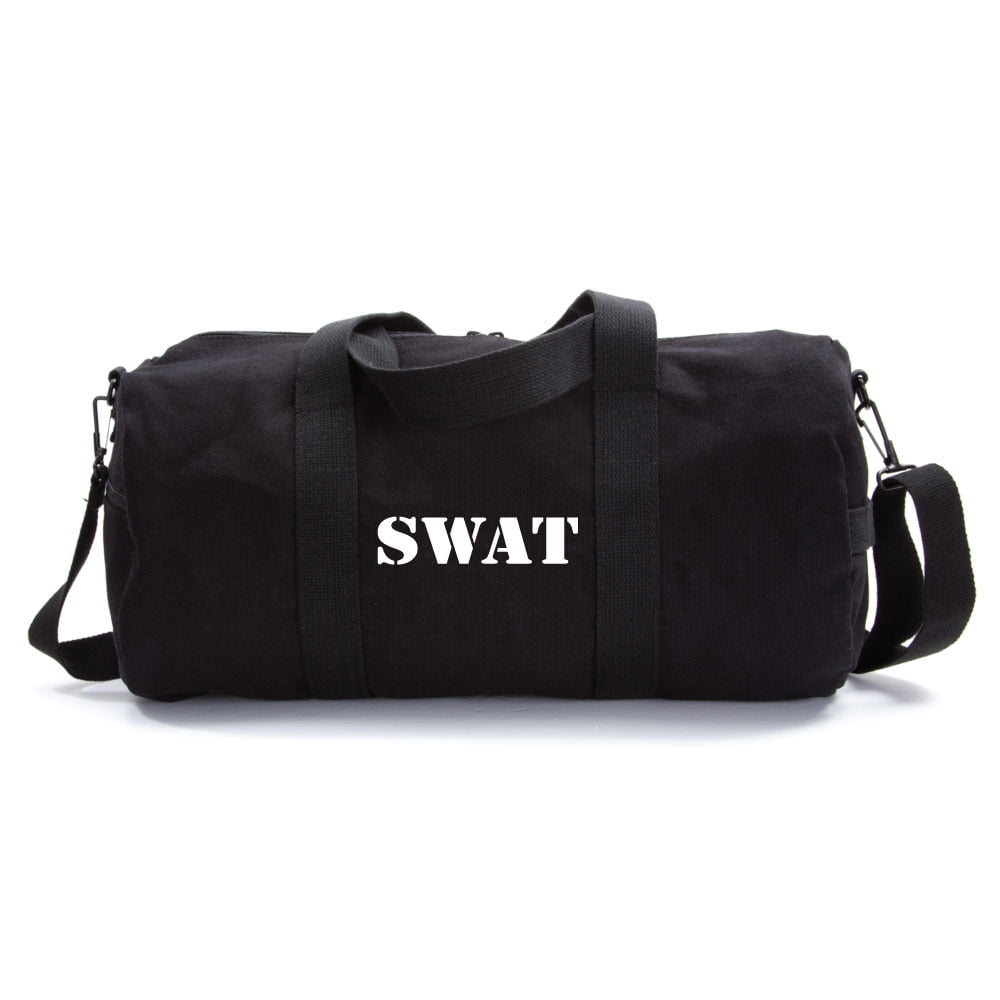 Medium SWAT Team Text Army Sport Heavyweight Canvas Duffel Bag in Olive & White