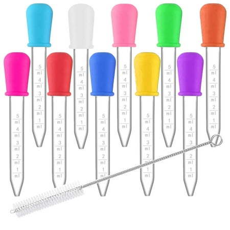 

10 Pack Liquid Pipette Dropper Silicone 5ml Clear Eye Dropper for Kids with Bulb Tip and Cleaning Brush for Candy Molds Gummy Bears Gelatin Maker Oil Science Craft Projects (10 Colors)
