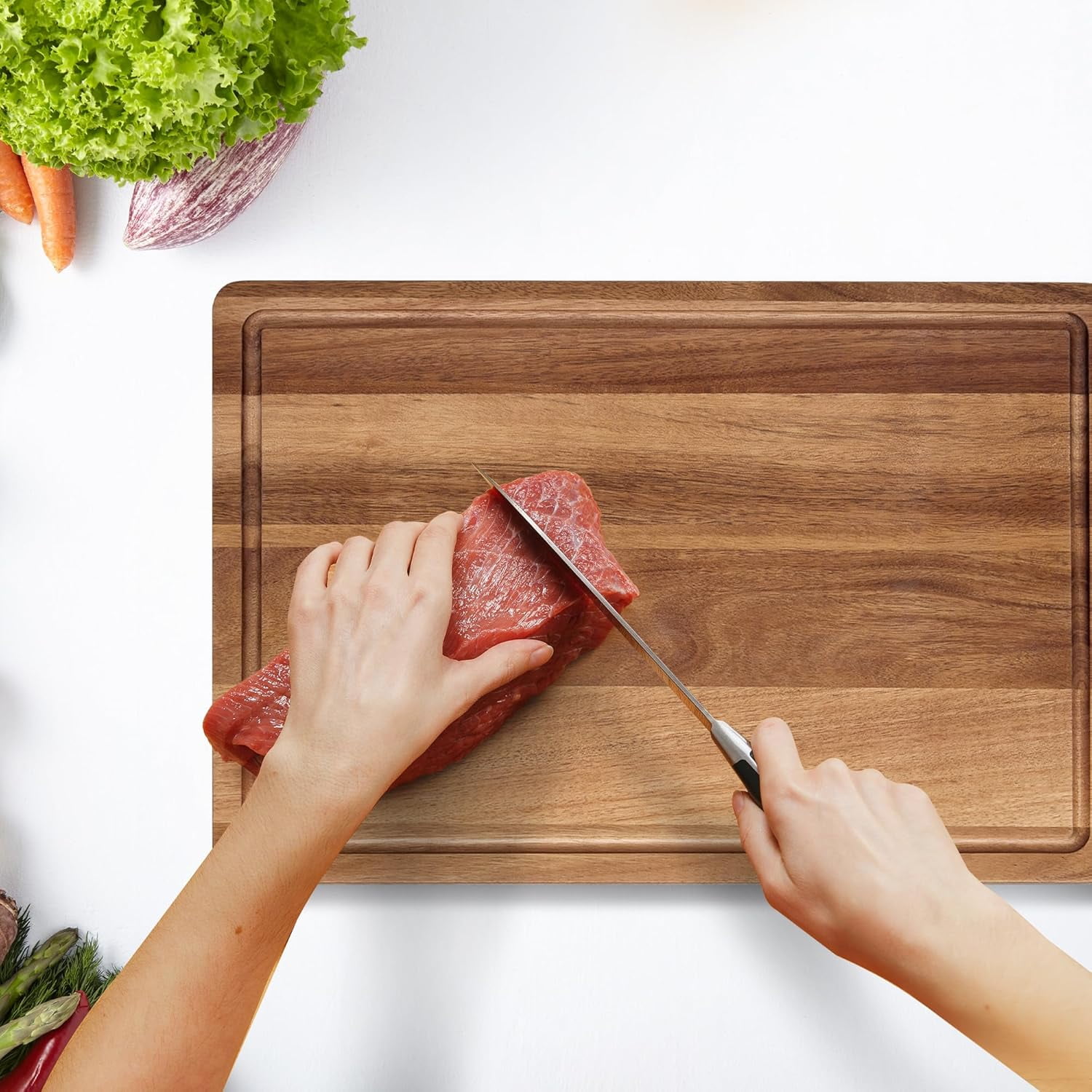 Large Natural Acacia Wood Cutting Board, 18"x12" Reversible Butcher Block with Deep Juice Groove & Side Handles, Durable Multipurpose Chopping Board