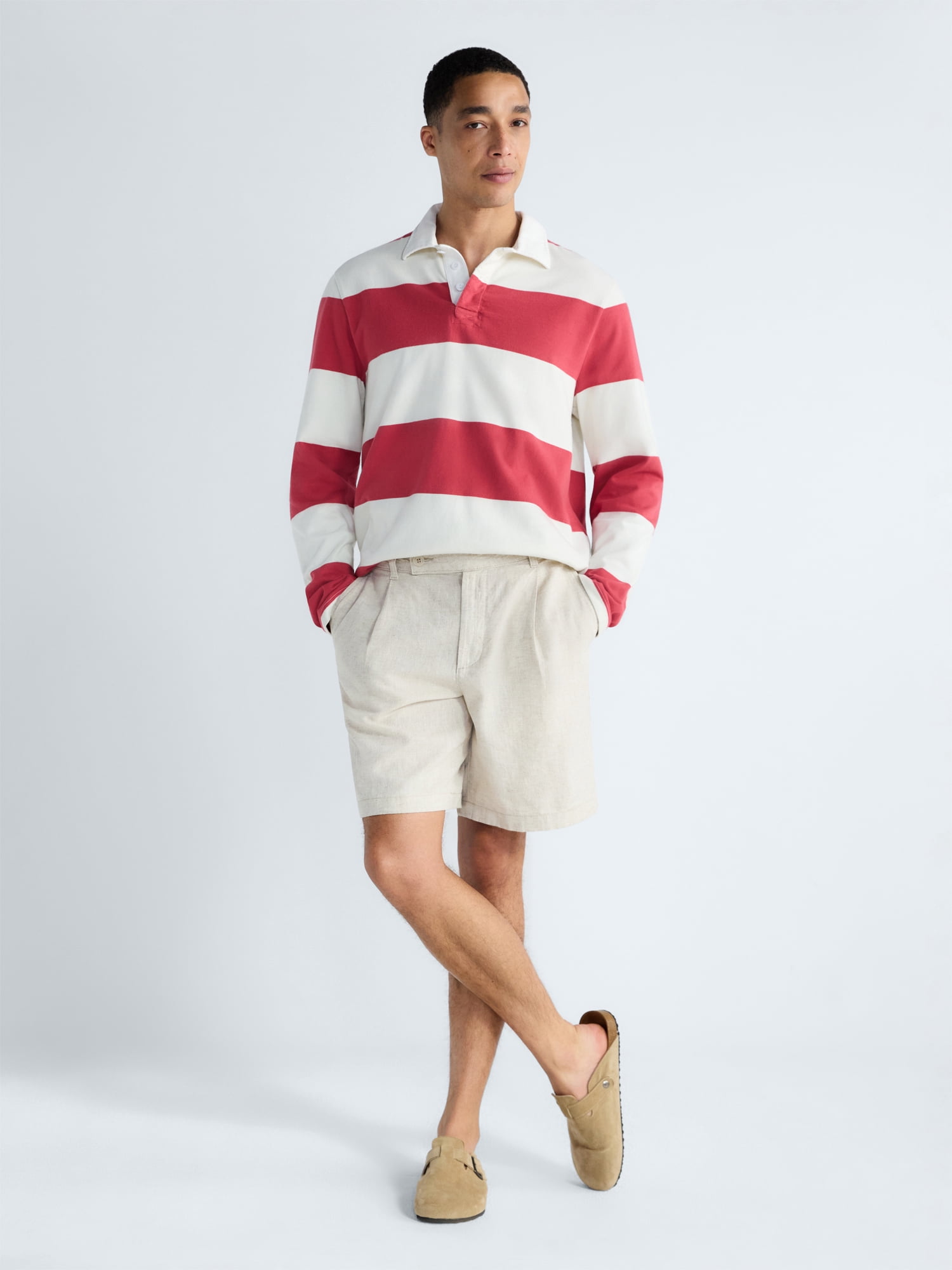 Free Assembly Men's Striped Cotton Rugby Shirt with Long Sleeves, Sizes S-3XL