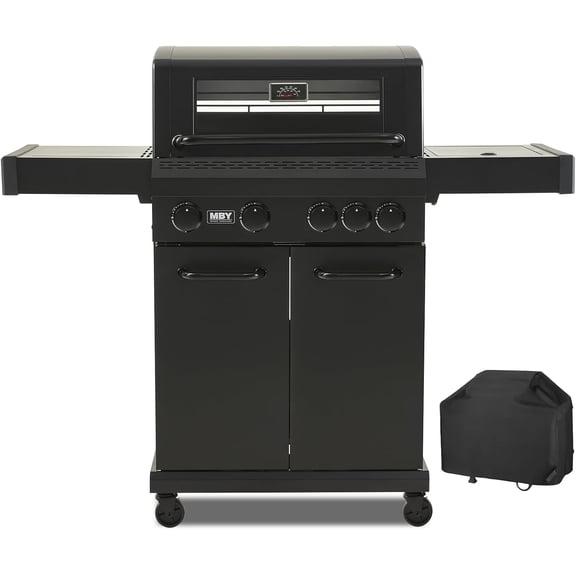 4 Burner Gas Grill Cast Iron Griddle Grill Combo, BBQ Propane Grills with Side Burner 50000BTU Heavy Duty Barbucue Grill With Cover, Black