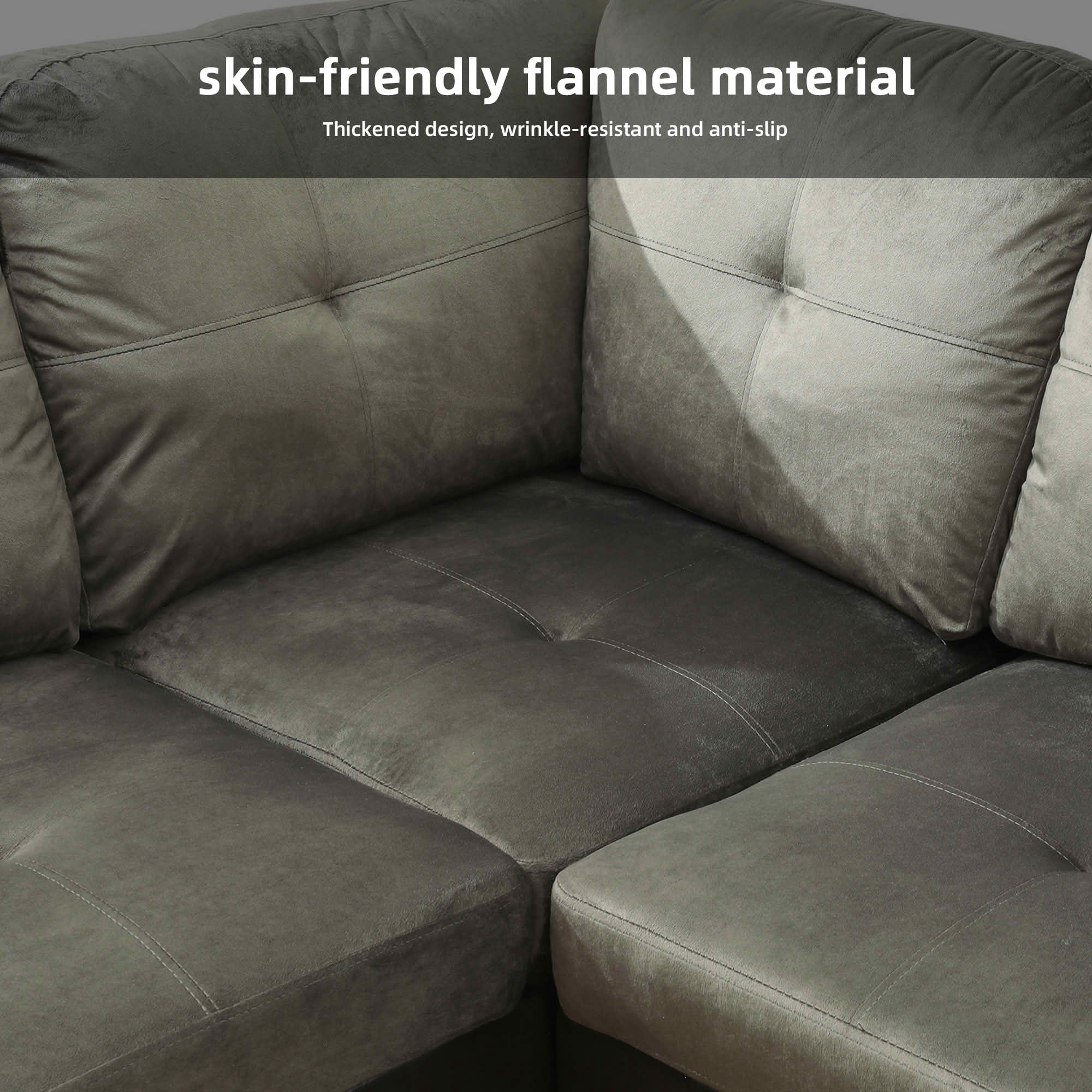 MAYEERTY 103.5" Taupe Flannel & PVC Faux Leather L-Shaped Sectional Sofa, 3 Piece Tufted Corner Couch with Storage Ottoman Solid Wood Frame