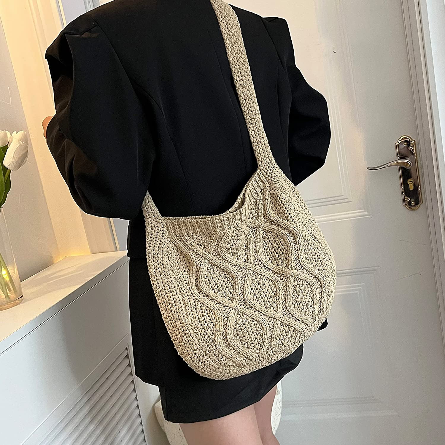 Women's Crochet Tote Bag Knitted Shoulder Crossbody Handbags Aesthetic Shopping Bag Cute Purses Crocheted Hobo Bag