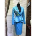thumbnail image 3 of Conjunto de 2 piezas de falda y blazer con cuello con muescas azul elegante y hecho a mano de alta calidad personalizable para mujer, 3 of 4