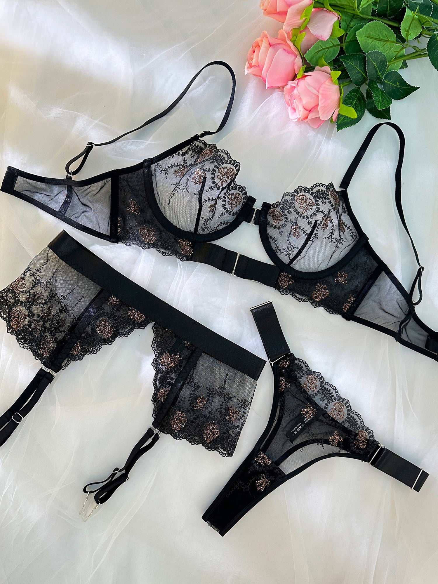 Sheer Black&Champagne Embroidered Lace Lingerie Set (BLACK, S)