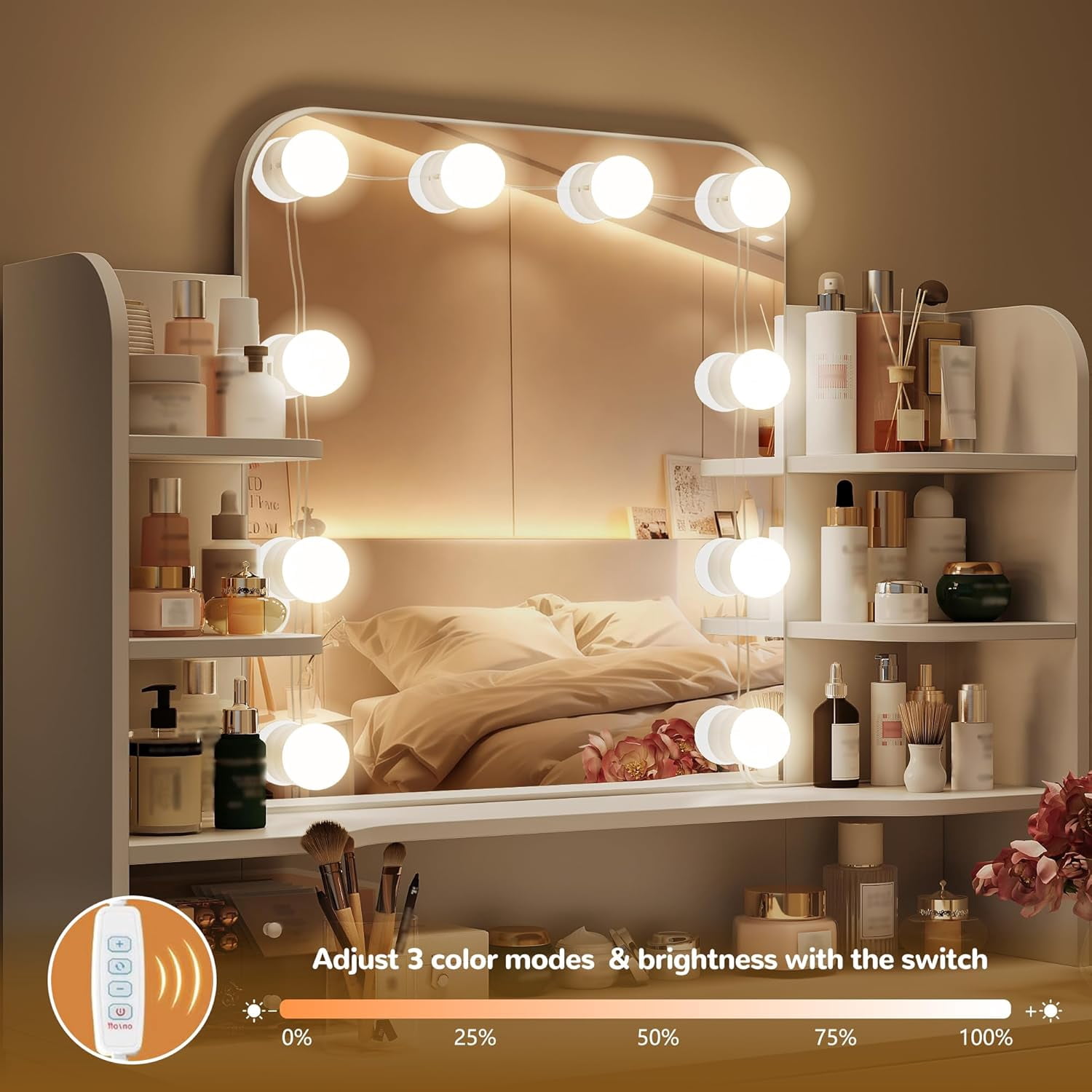Pipleo 31" W Makeup Vanity Desk with Mirror and Lights, Small Vanity Table with 8 Storage Shelves, Big Drawer and 3 Lighting Colors, Bedroom Vanity for Girls