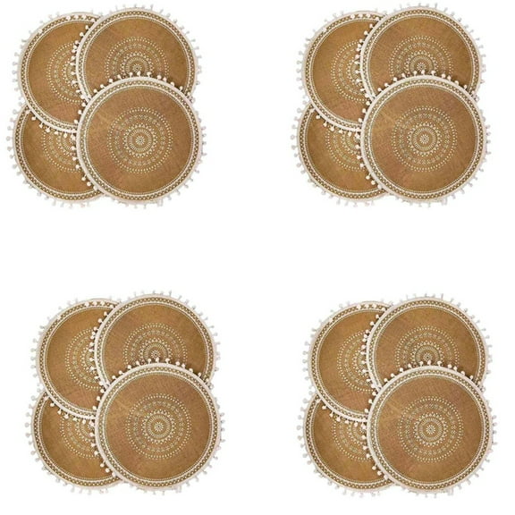 Round Placemats Set of 16,Boho Woven Table Mats with Pompom Tassel for Dining Room Kitchen Table Decor(White )