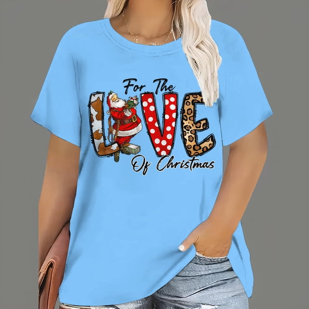Camisetas de Navidad para mujer, Tops con estampado de dibujos animados de Papá Noel, camisetas de manga corta con cuello redondo, ropa informal de fiesta, Tops de gran tamaño para mujer
