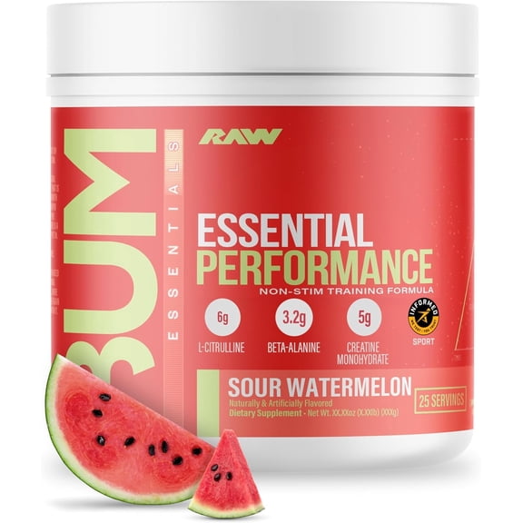 RAW Nutrition Essential Performance Non-Stim Pre-Workout Powder, Sour Watermelon, Creatine Monohydrate & L-Citrulline