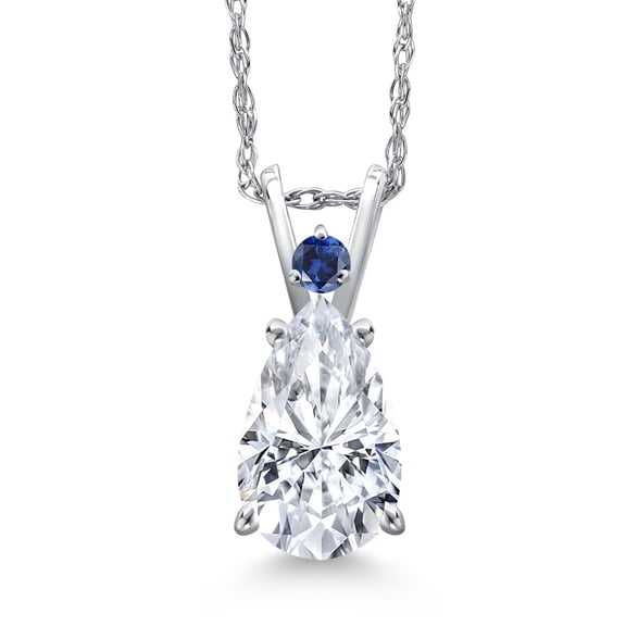 Gem Stone King 14K White Gold White Moissanite and Blue Created Sapphire Pendant Necklace for Women | 2.02 Cttw | Gemstone Birthstone | Pear Shape 10X7MM | With 18 inch Chain