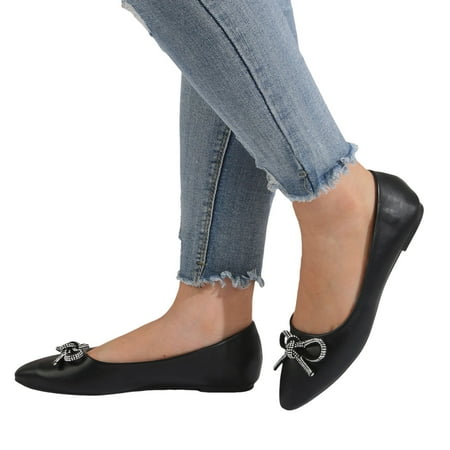 Mepaouo Women s Flats Shoes Ballet Leather Dress Shoes Bow Pointed Toe Slip on Shoes for Women