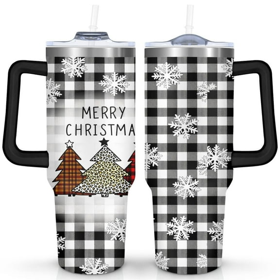 Checkered Snowflake Christmas Tree 40 Oz Tumbler with Handle Lid and Straw, Stainless Steel Double Walled Vacuum Insulated Cup, Cute Birthday Gifts Tumbler for Women Men Friends