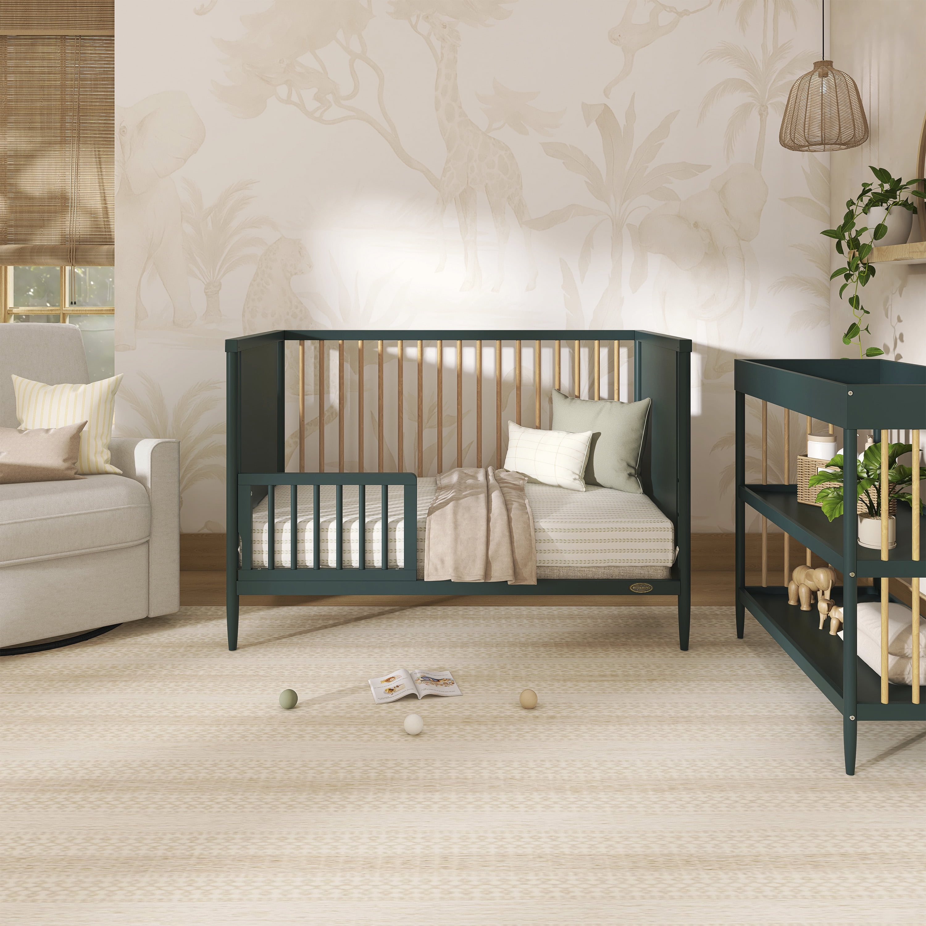 Dream On Me Clover 4 In 1 Modern Island crib With Rounded Spindles I Convertible Crib I Mid- Century Meets Modern I Coordinates With The Clover Changing Table in Olive Finish