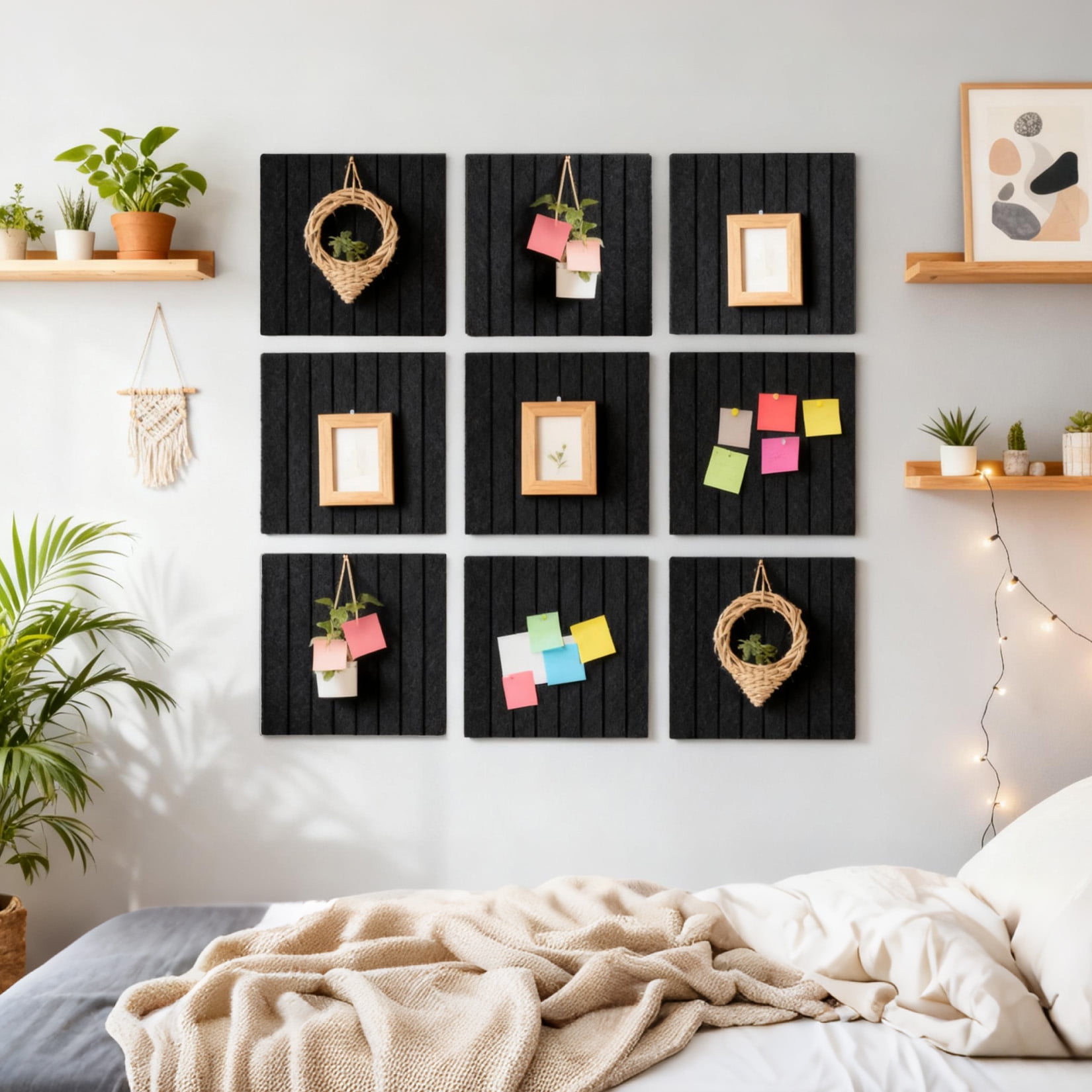15 Pack Felt Bulletin Board Tiles 12 x 12 Inch Self Adhesive Pin Board Wall Panels with Push Pins Cork Board Alternative for Office Classroom Home Wall Decor, Black