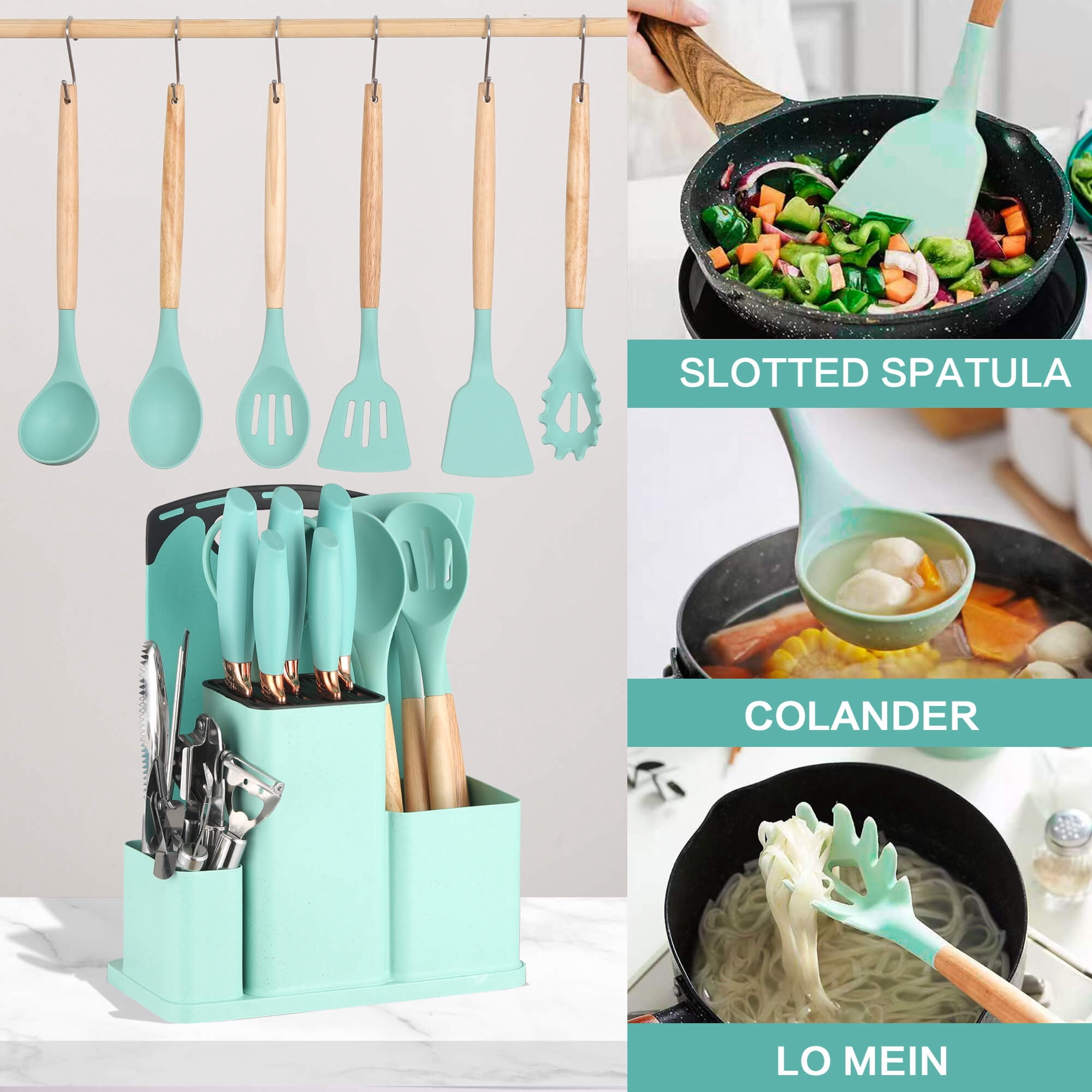 HEESEM 20 Pcs Silicone Stainless Steel Cooking Utensils Set -Multifunctional Kitchen Utensil Set - Green
