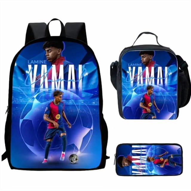 2025 Lamine Yamal 3-Piece School Backpack Set for Boys and Girls – Includes Thermal Cooler Lunch Box & Pencil Bag, Blue Kids Bookbag