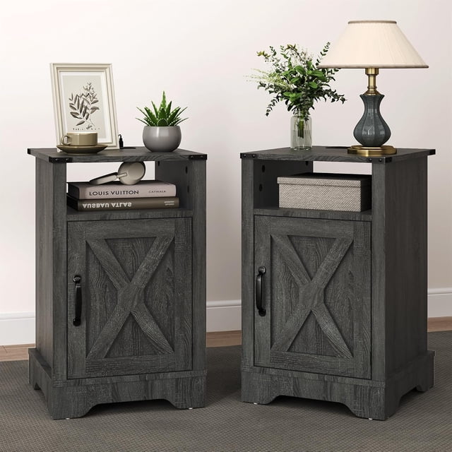 RoyalCraft Table de Chevet Style Ferme avec Station de Charge, Ensemble de 2, Gris Foncé
