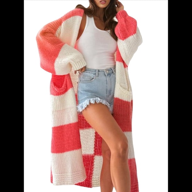 Suéteres Tipo Cárdigan para Mujer, Otoño-Invierno, Tejidos con Bloques de Colores Arcoíris, Rayas, Acogedores, de Larga, con Bolsillos Delanteros Abiertos Rojo M