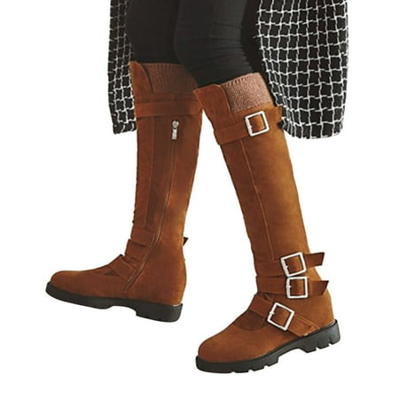 YHIWU Boots for Women 2024 Cowboy Boots for Women Fashion Retro Suede Belt Buckle DecorationWith Zipper Lug Sole Thick Heel Knee Length Boots