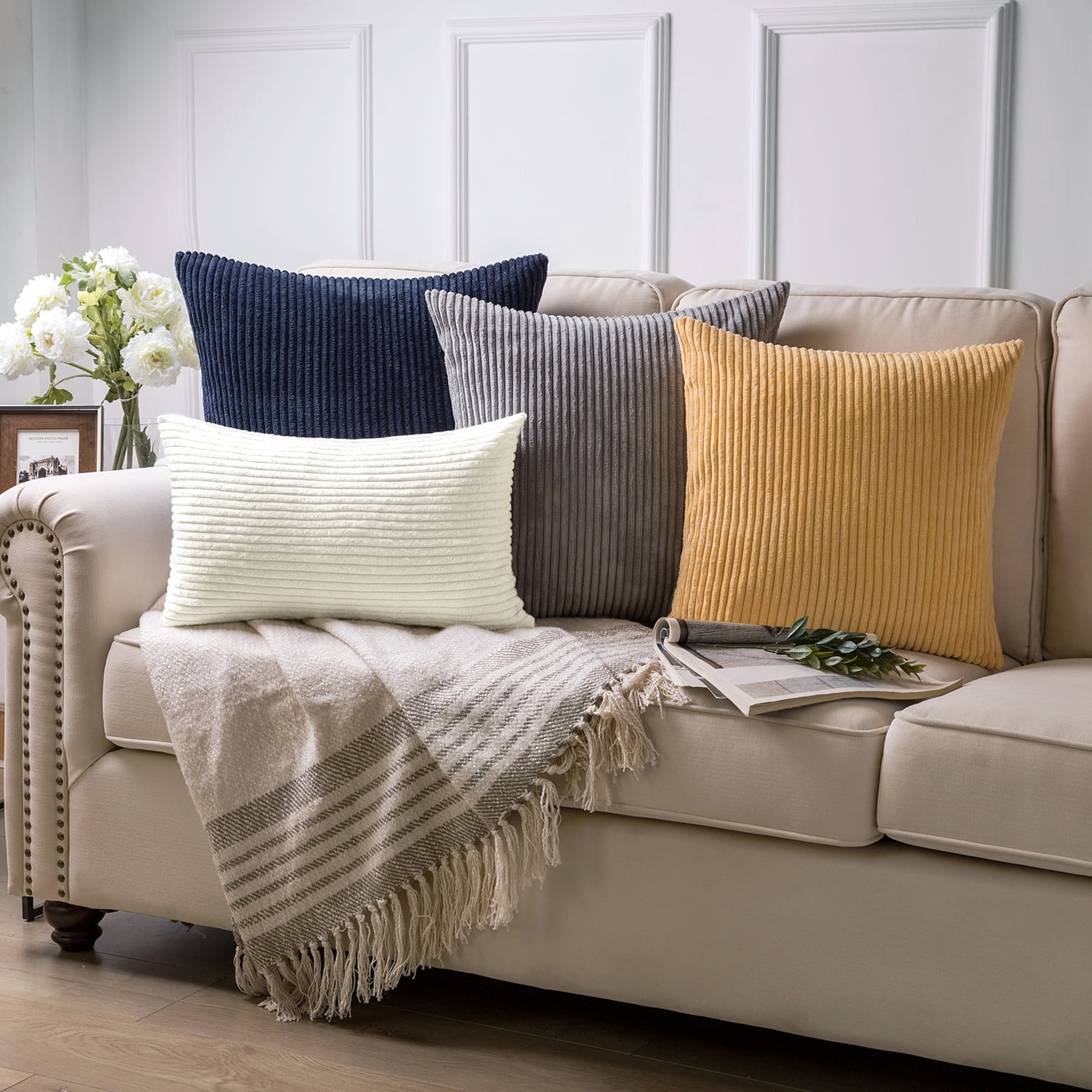 Phantoscope Soft Corduroy Striped Velvet 18" x 18" Dark Coffee Decorative Throw Pillows, 2 Pack