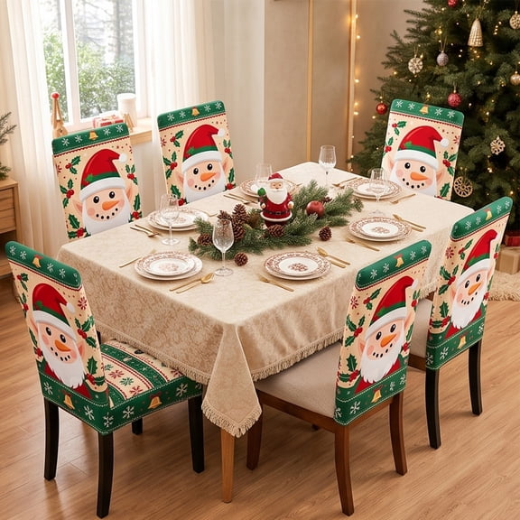 Christmas Chair Covers Full Cover Proof Stretch Elastic Slipcovers with Holiday Print Removable Washable for Dining Room Kitchen Party Home Decor Gift