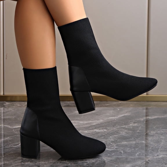 JUSLIO Womens Boots,High Heel Comfort Mid Calf Boots Solid Color Fashion Casual Round Toe Boots for Women