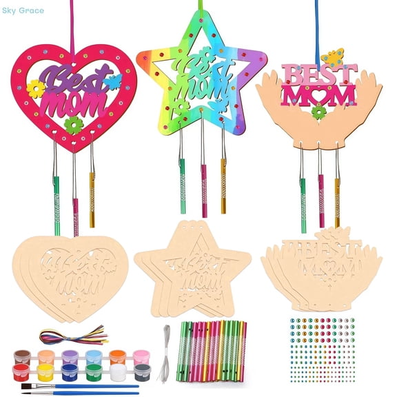 9 Pack Mother's Day Wind Chime Kit for Kids,DIY Wooden Art Coloring Craft,Gift for Mom Grandma,Home Window Garden Decoration