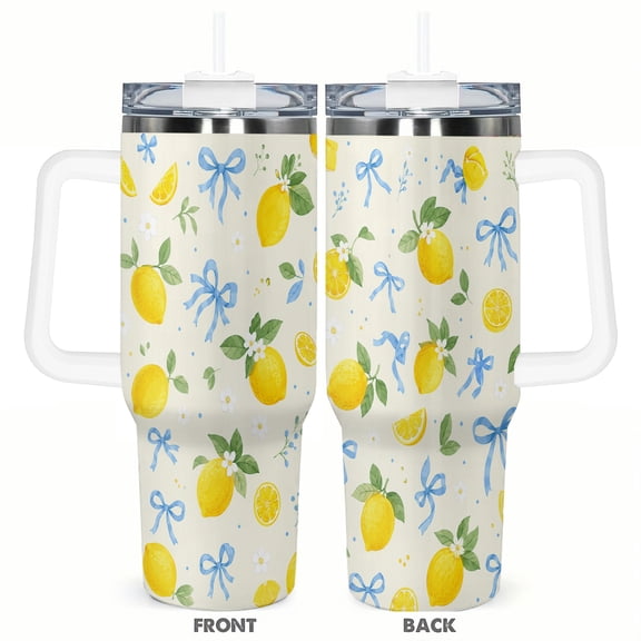 40oz Lemon Blue Bow Tumbler with Handle and Straw Insulated Insulated Car Cup Summer Gift for Women
