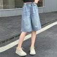 thumbnail image 2 of Aezemi Girls Distressed Denim Shorts, Kids Knee Length Bermuda Ripped Shorts, Elastic Waist Casual Outer Jean Bottoms with Pockets for Big Girls 8-9 Years, 2 of 8
