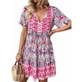 thumbnail image 2 of Women'S V Neck Patchwork Dress Bohemian Print Mini Skirt Summer Casual Beach Chic Pink S, 2 of 9