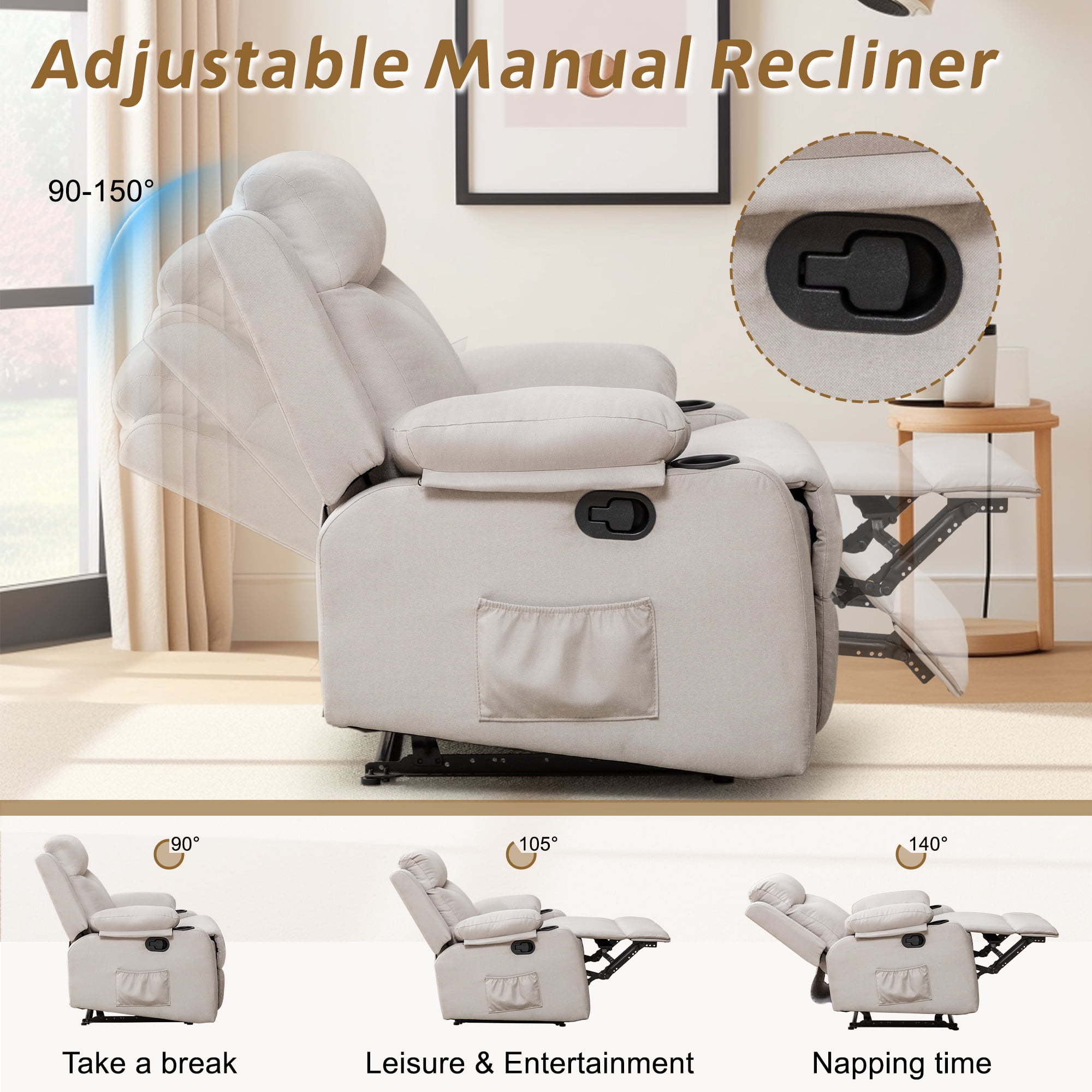 Korser Manual Small Recliner Chair with Fixed Base for Small Spaces Linen Fabric for Living Room,Beige