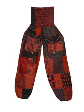 Mogul Women Bohemian Gypsy Chic Womens Yoga Pant PATCHY Red Printed LONG COTTON Harem Pants S/M
