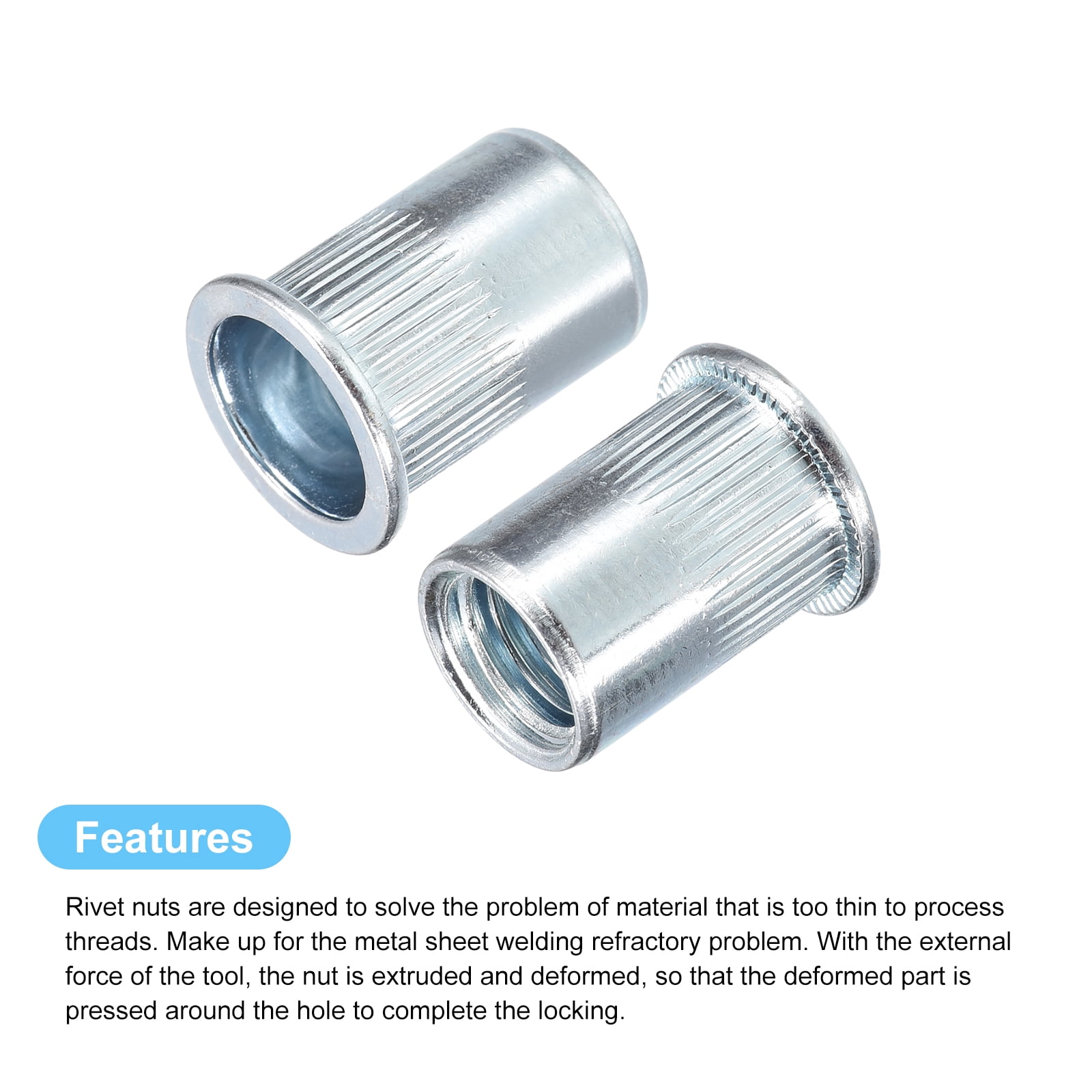 M12 Rivet Nuts, 50 Pack Zinc Plated Carbon Steel Knurled Flat Head Threaded Insert Nuts