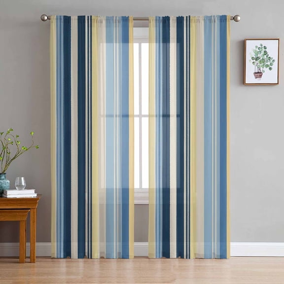 ERUNPONLY Blue Yellow Striped Sheer Curtains 84 Inch Length 2 Panels Set, Farmhouse Stripes Vintage Voile Window Treatment Rod Pocket Curtains Sheers Drapes for Bedroom/Living Room/Kitchen 52"x84"x2